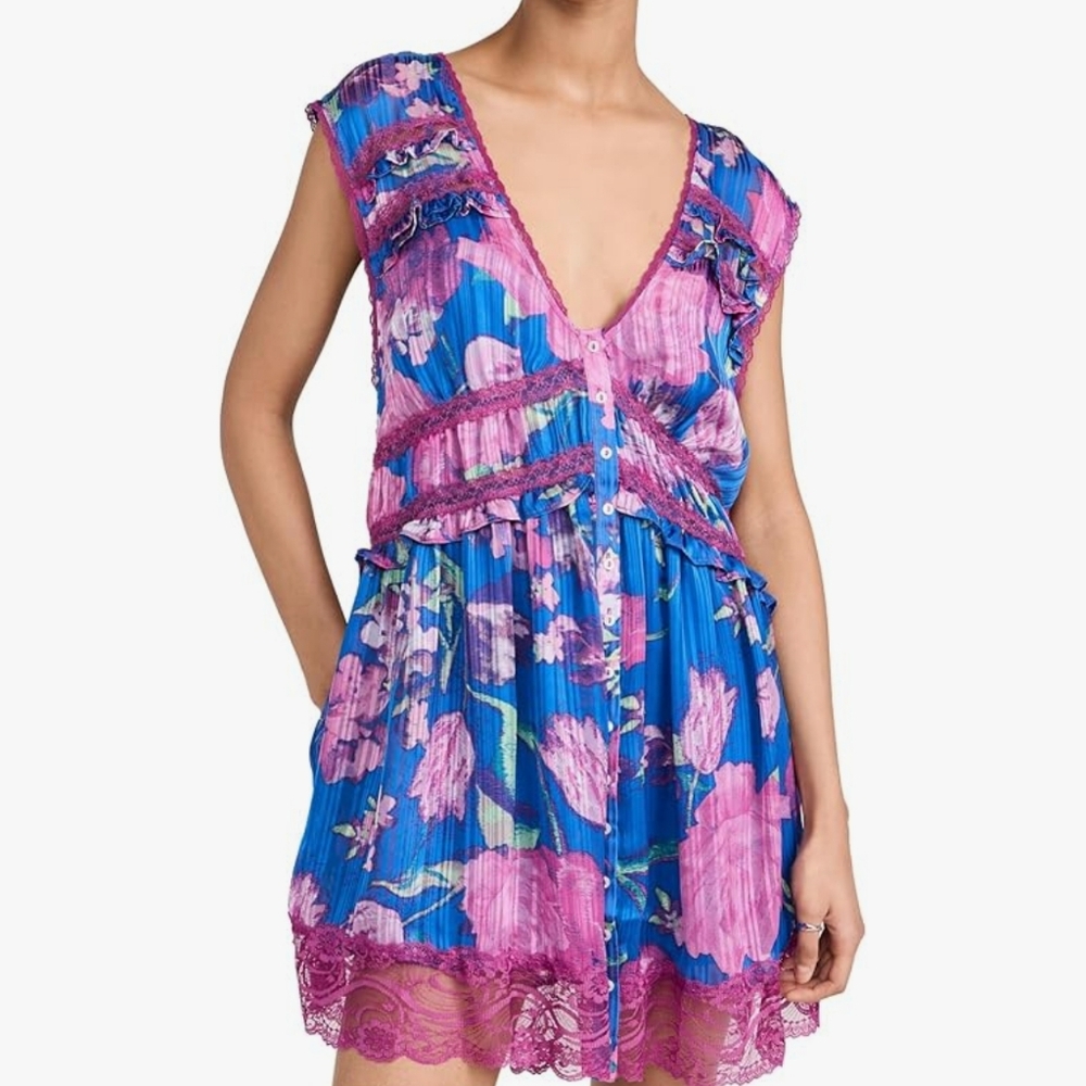 Free People Women's Ultra Violet Combo Spring Fling Lace Trim Mini Dress Sz XS